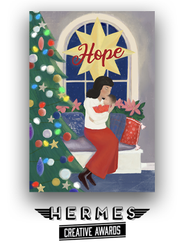 A colorful cartoon of a woman and her baby sitting beside a Christmas tree with the word "Hope" in a star above them and the Hermes Creative Awards logo