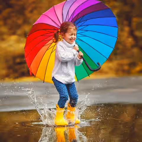 A young girl with a rainbow umbrella jumping in a puddle and smiling and the title “Change Your Thinking, Change Your Life”