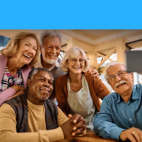 Images of older adults of varying genders and races smiling and being together