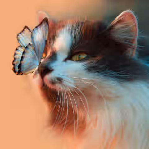 The Spiritual Wisdom of Pets - Pets teach us love, forgiveness, play, and how to be happy in the present moment. - A photo of a gray and white cat with a butterfly that has landed on its nose