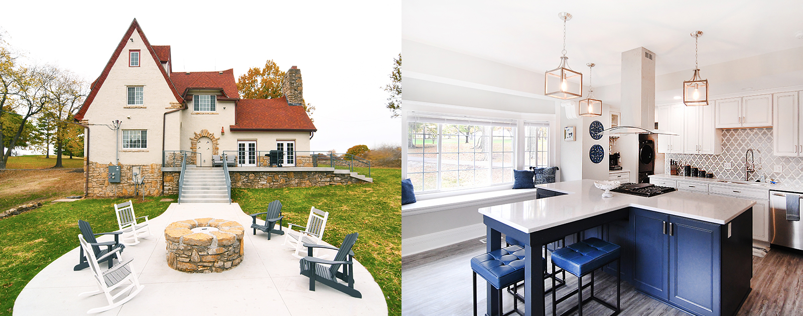 The Hummingbird Chateau at Unity Village—a charming white house with a red roof and chairs in the front sitting around a fire pit and a view of the modern white and dark blue kitchen