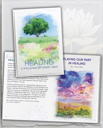 The text "Healing a Thousand Different Ways" over a watercolor painting of a large green tree in a green field with flowers