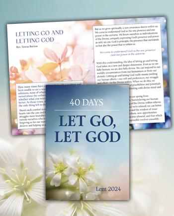 The cover of 40 Days: Let Go Let God over an open page of the booklet over a background with white flowers