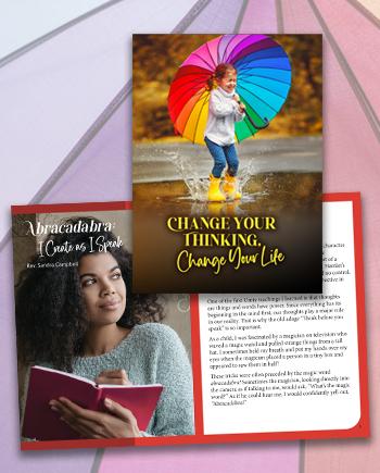 A young girl with a rainbow umbrella jumping in a puddle and smiling and the title “Change Your Thinking, Change Your Life”