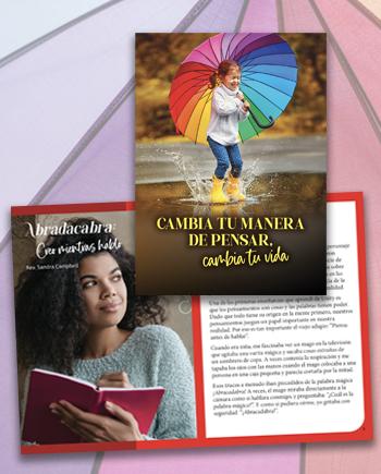 Una niña con un paraguas color arco iris saltando en un charco y sonriendo, y el título “Cambia tu manera de pensar, cambia tu vida”.