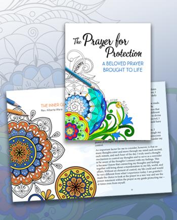 A blue colored pencil on top of an intricate and colorful design half colored with the title “The Prayer for Protection: A Beloved Prayer Brought to Life”