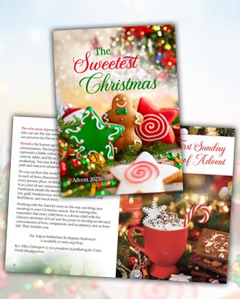The Sweetest Christmas – A 2023 Unity Advent Booklet – Christmas cookies in shapes of stars and gingerbread men and candy canes decorated with icing