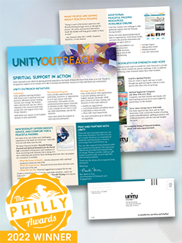 Two pages from Unity Outreach with a lot of information and an envelop addressed to Unity World Headquarters with a 2022 Silver Philly Award