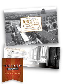 The 100 Years and Beyond brochure with images of Unity Village with a Gold 2023 Hermes Award