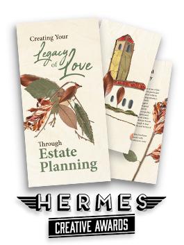 The text "Creating Your Legacy of Love through Estate Planning" on a brochure with images of birds and flowers with the Hermes Creative Awards logo