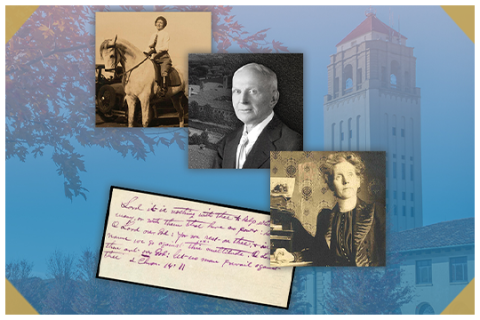 Images of Myrtle and Charles Fillmore as well as a handwritten document from the archives